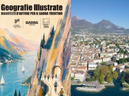 Manifesto di Geografie Illustrate mostra paesaggio del lago con barche e sentiero tra montagne