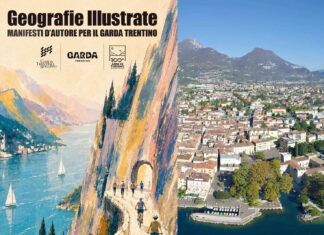 Geografie Illustrate, premiazione al MAG di Riva del Garda sabato 24 ottobre Manifesto di Geografie Illustrate mostra paesaggio del lago con barche e sentiero tra montagne
