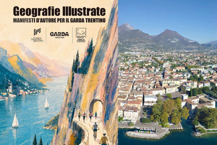 Manifesto di Geografie Illustrate mostra paesaggio del lago con barche e sentiero tra montagne