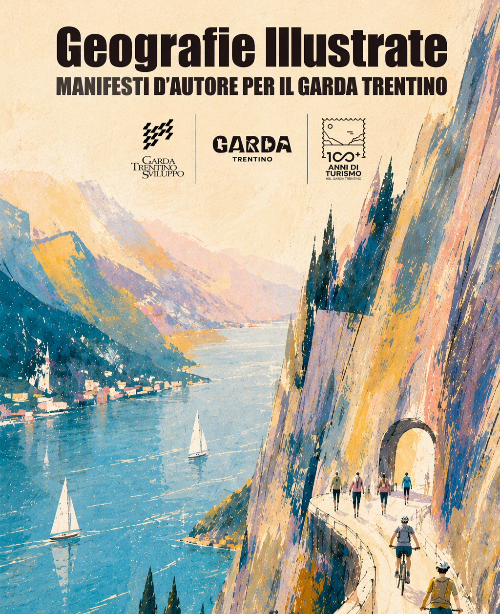 Manifesto di Geografie Illustrate mostra paesaggio lacustre con barche e sentiero tra montagne