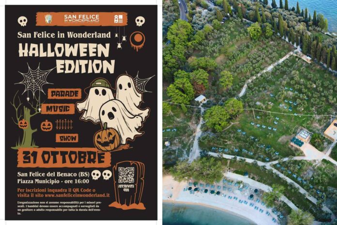 Manifesto di Halloween Edition mostra piazza municipio con tendine, alberi e persone che camminano