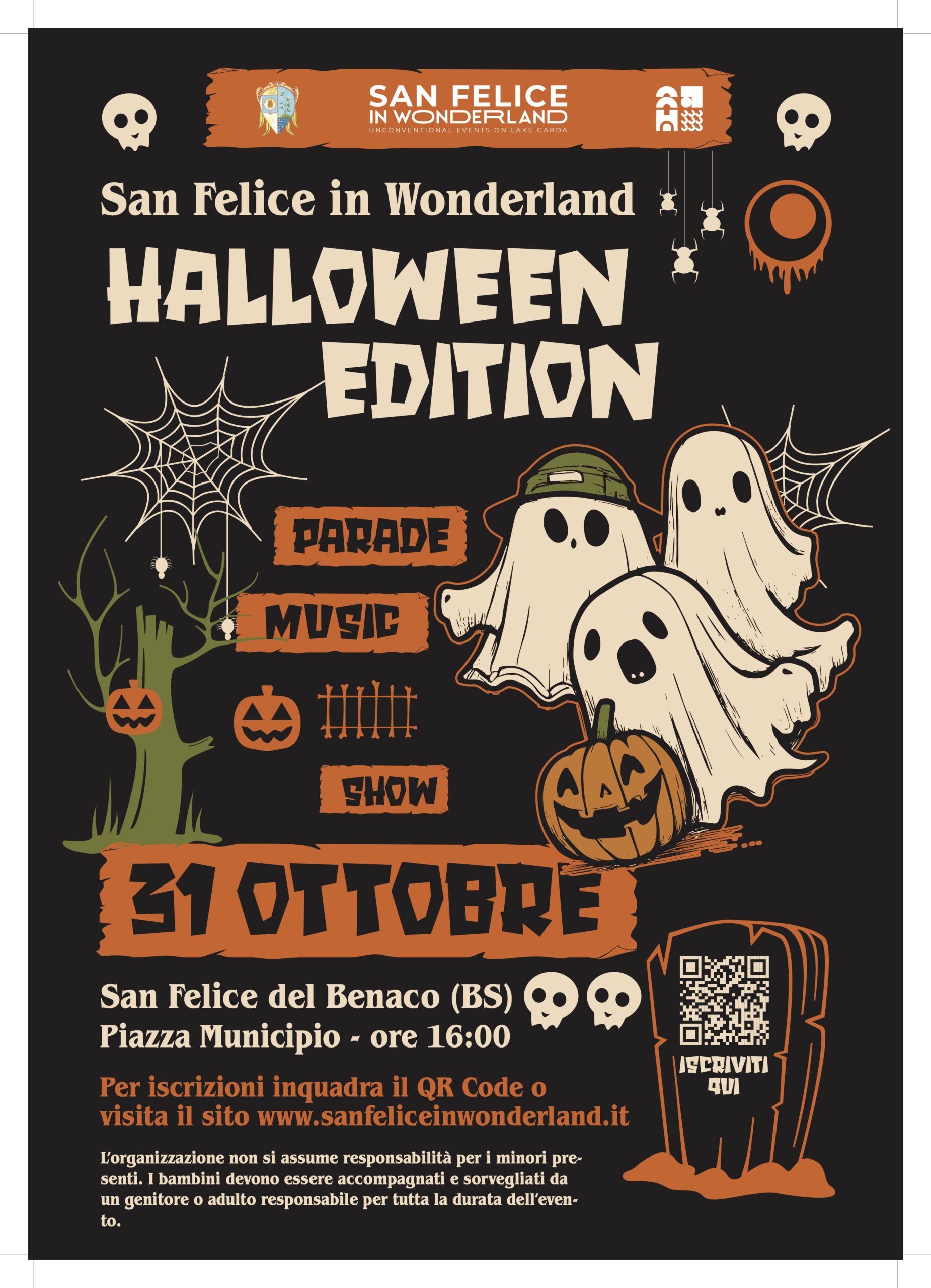 Manifesto di Halloween a San Felice del Benaco con personaggi fantastici e musica in Piazza Municipio