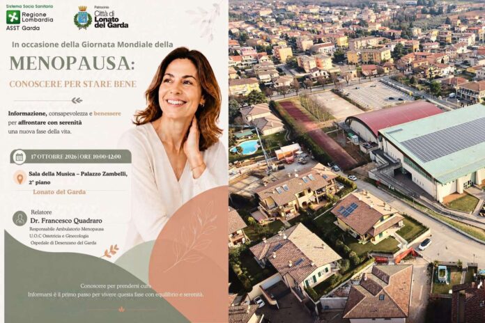 Manifesto di Incontro sulla menopausa a Lonato del Garda con vista a Palazzo Zambelli