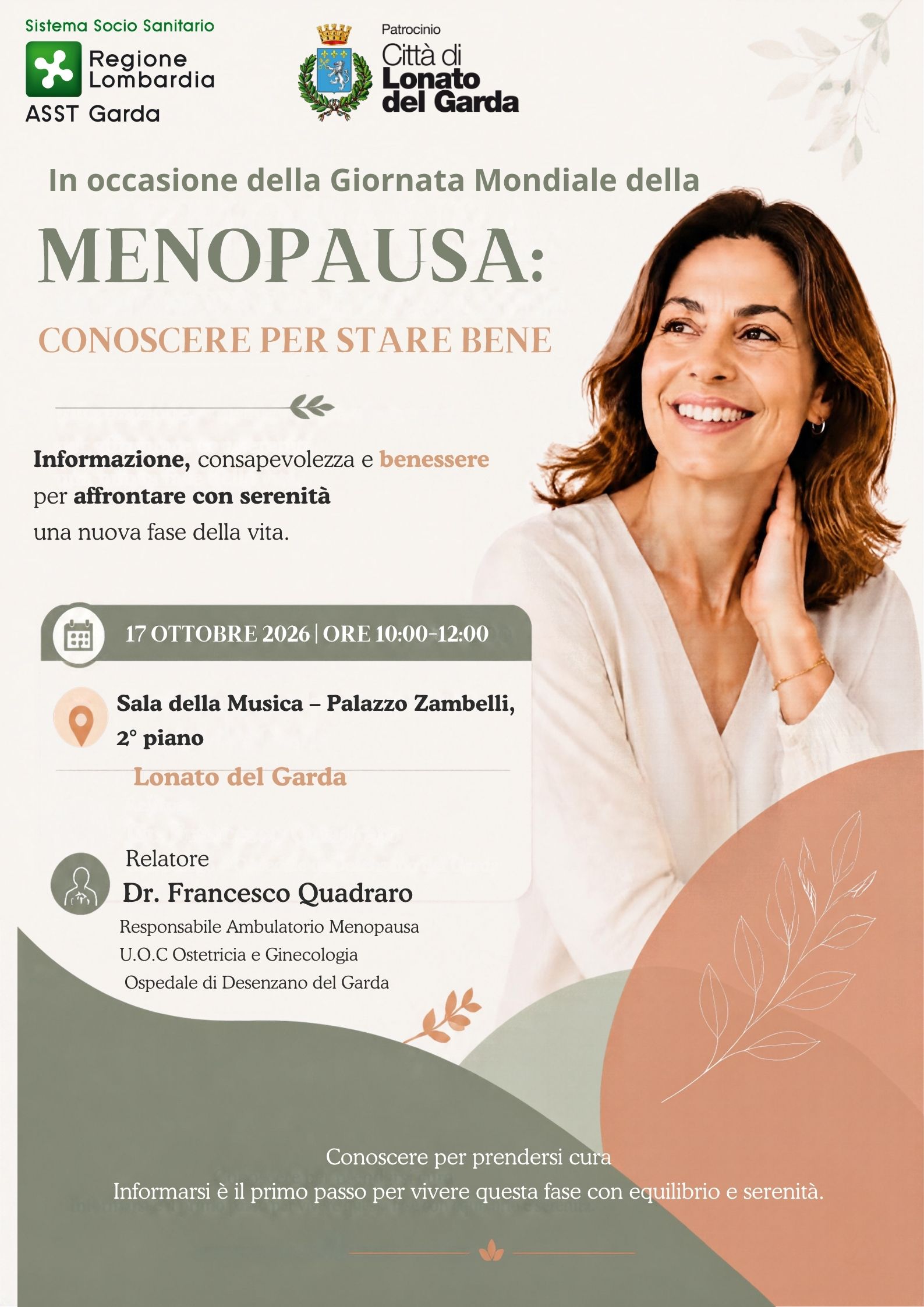Incontro sulla menopausa a Lonato del Garda sabato 17 ottobre 1 Manifesto di Incontro sulla menopausa a Lonato del Garda con donna sorridente in sala musica