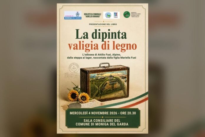 Manifesto della dipinta valigia di legno mostra una valigia con un paesaggio dipinto