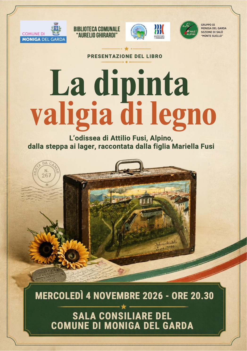 Manifesto della dipinta valigia di legno mostra una valigia con un dipinto di paesaggio in una sala con fiori e documenti