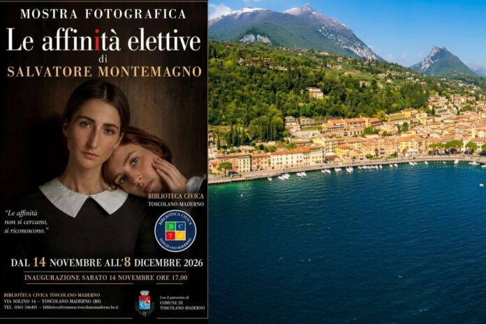 Manifesto delle affinità elettive mostra paesaggio lacustre con città e montagne