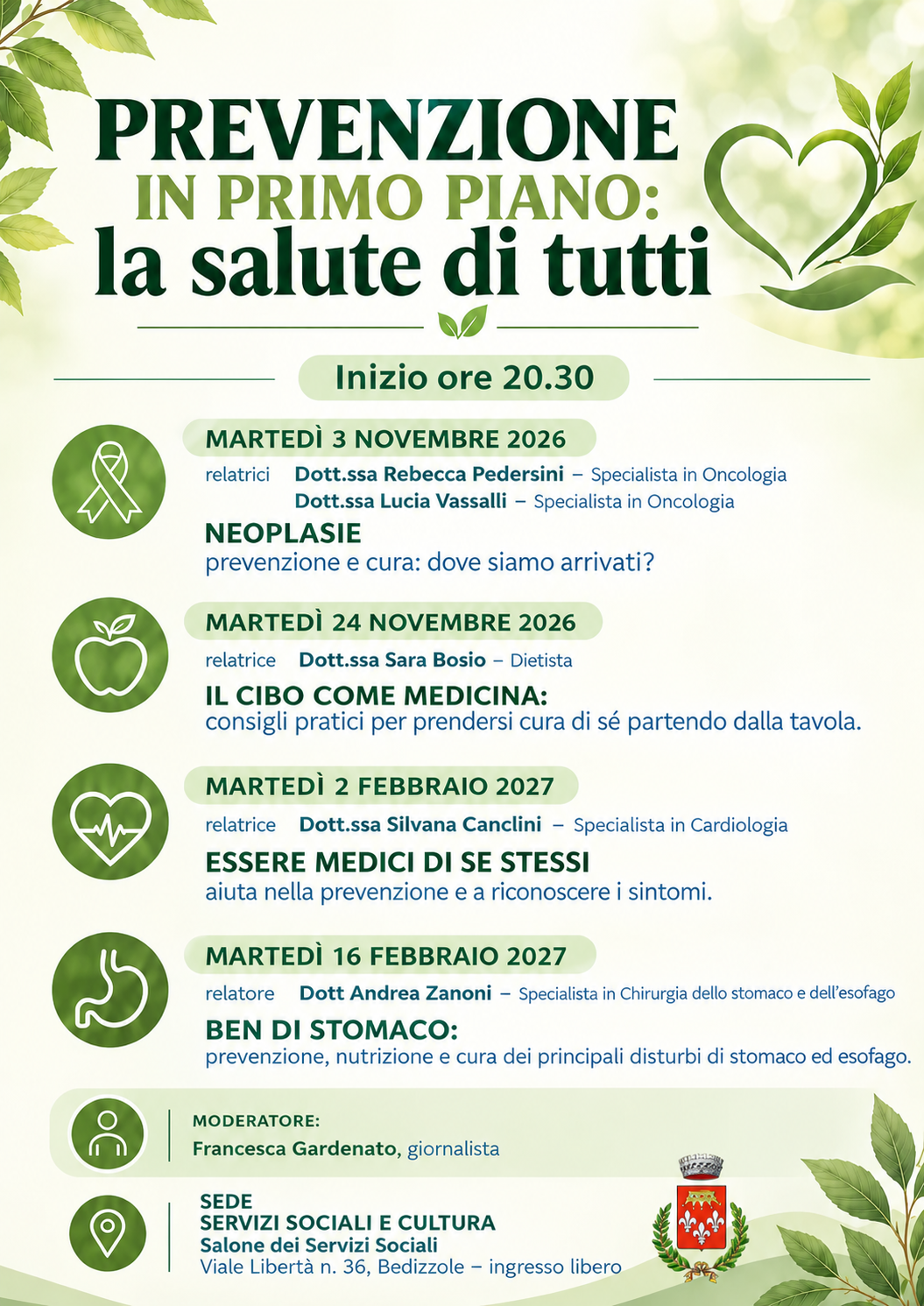 Prevenzione in primo piano a Bedizzole: quattro incontri sulla salute 1 Manifesto di Prevenzione in primo piano: la salute di tutti con eventi al salone dei Servizi sociali e cultura a Bedizzole