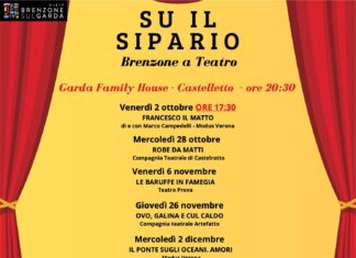 Teatro Brenzone: Su il sipario torna a Castelletto Manifesto di Brenzone a Teatro con spettacoli serali al Salone del Garda Family House di Castelletto